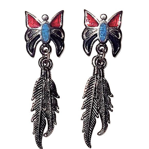 1.5" Vintage Signed Turquoise Coral Butterfly/Feather Earrings - Picture 5 of 11